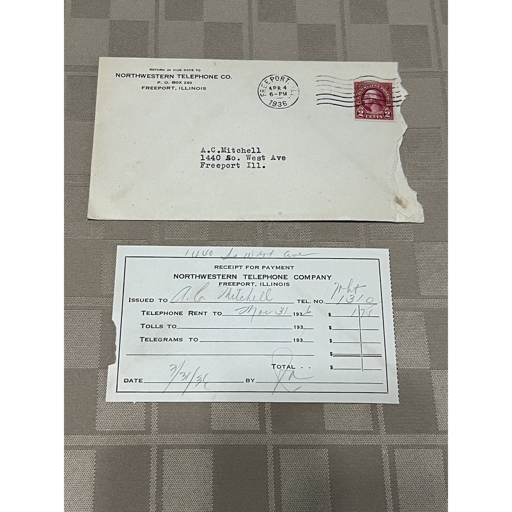 1936 Northwestern Telephone Company Receipt‎ & Envelope Freeport Illinois